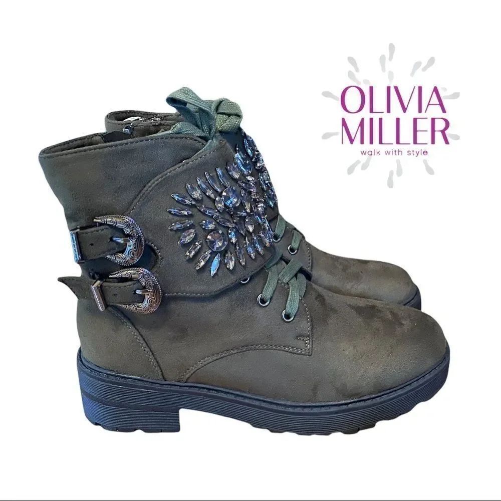 NEW Olivia Miller Embellished Olive Moto Combat Booties Boots 38 7.5